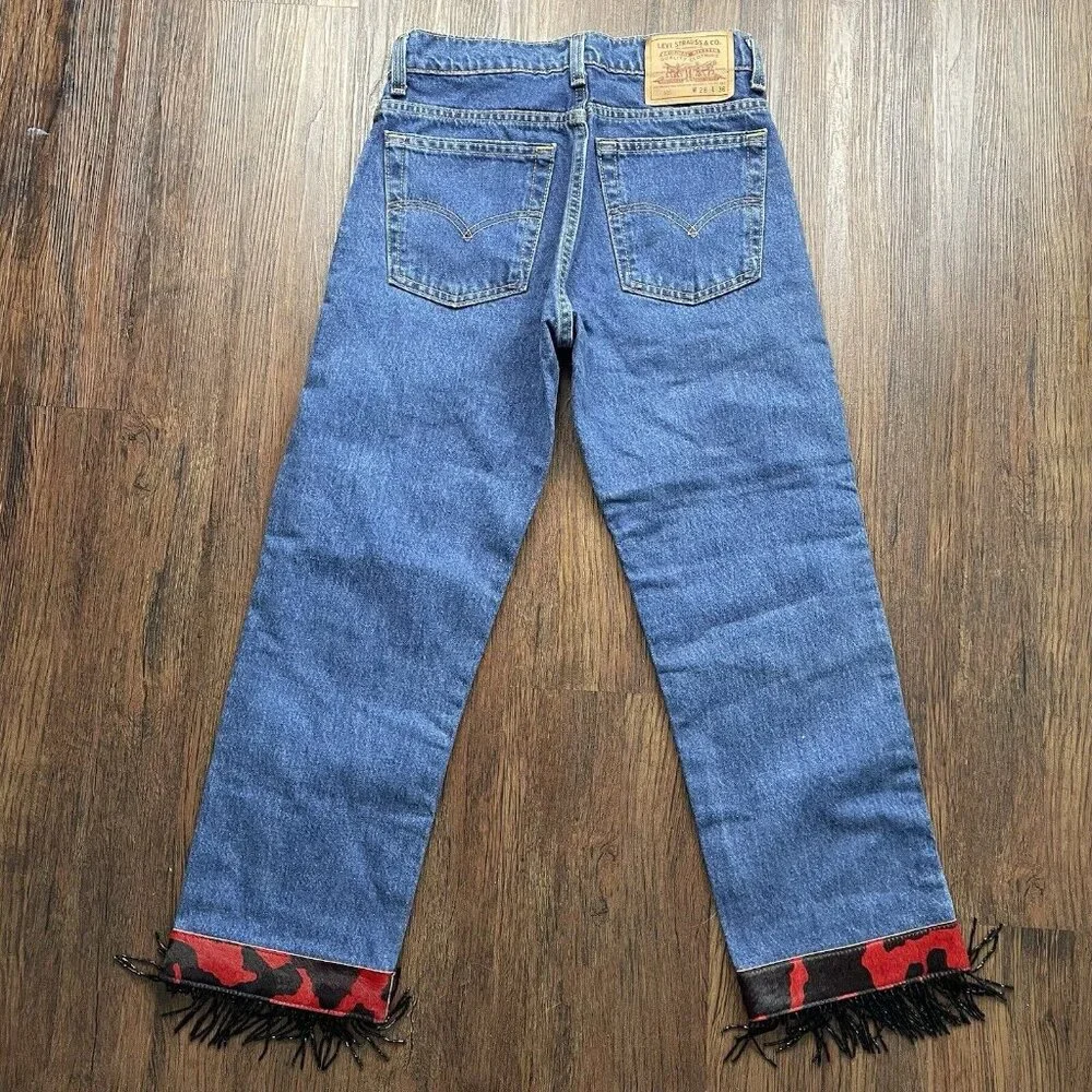 Vtg Levis 505 Denim Blue Jeans Recycled Refashion Beaded Fringe Cuffs Size 28x36 - Picture 2 of 10